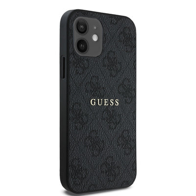 Apple iPhone 12 Kılıf Guess Orjinal Lisanslı Magsafe Şarj Özellikli 4G Desen Yazı Logolu Kapak Siyah