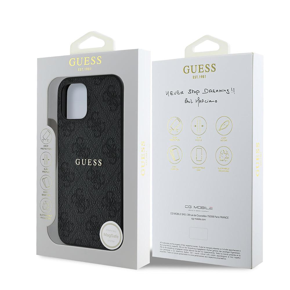 iPhone 12 Kılıf Guess Orjinal Lisanslı M-safe Şarj Özellikli 4G Desen Yazı Logolu Kılıf