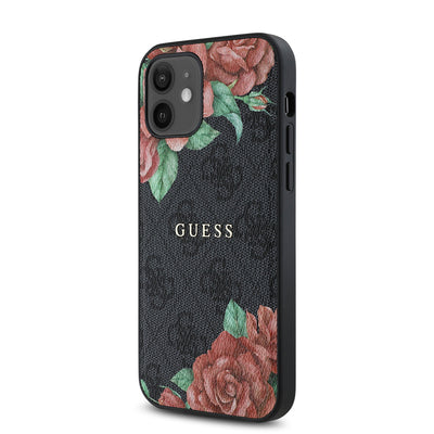 Apple iPhone 12 Kılıf Guess Orjinal Lisanslı Magsafe Şarj Özellikli Gül Baskılı 4G Desenli Yazı Logolu Kapak Siyah