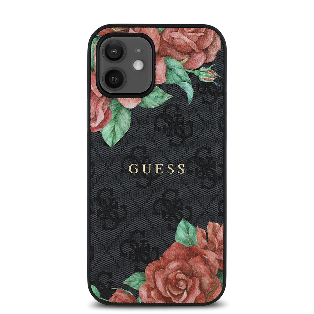 iPhone 12 Kılıf Guess Orjinal Lisanslı M-safe Şarj Özellikli Gül Baskılı 4G Desenli Yazı Logolu Kılıf