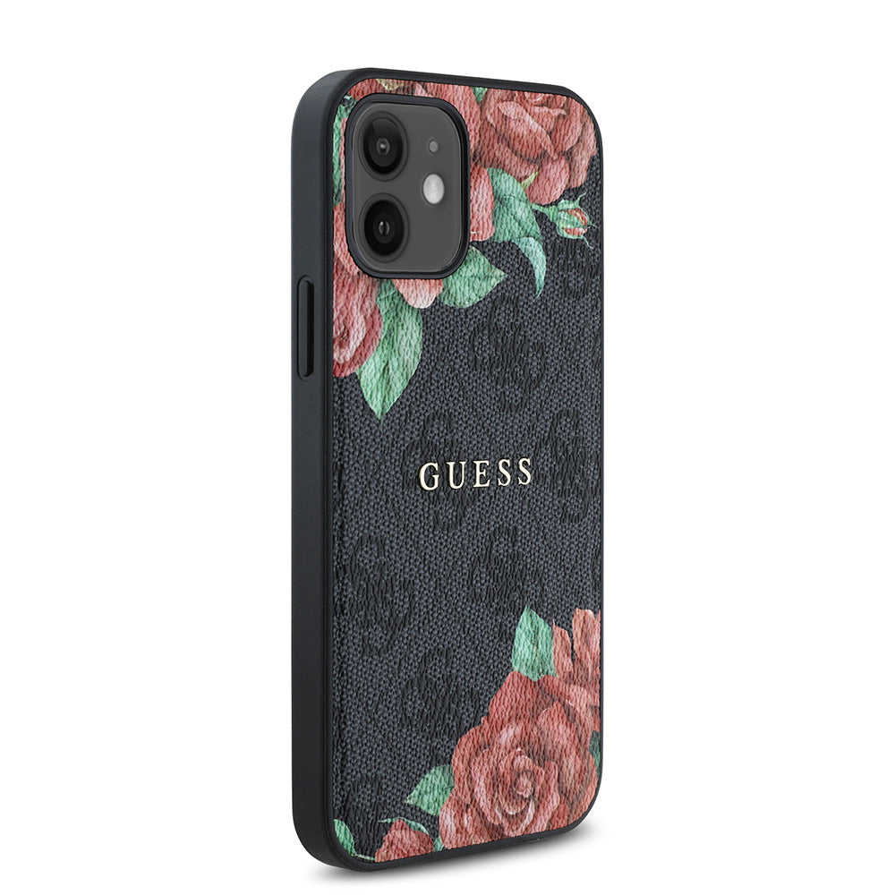iPhone 12 Kılıf Guess Orjinal Lisanslı M-safe Şarj Özellikli Gül Baskılı 4G Desenli Yazı Logolu Kılıf