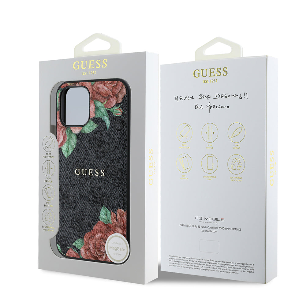 iPhone 12 Kılıf Guess Orjinal Lisanslı M-safe Şarj Özellikli Gül Baskılı 4G Desenli Yazı Logolu Kılıf