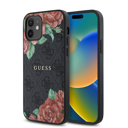 iPhone 12 Kılıf Guess Orjinal Lisanslı M-safe Şarj Özellikli Gül Baskılı 4G Desenli Yazı Logolu Kılıf