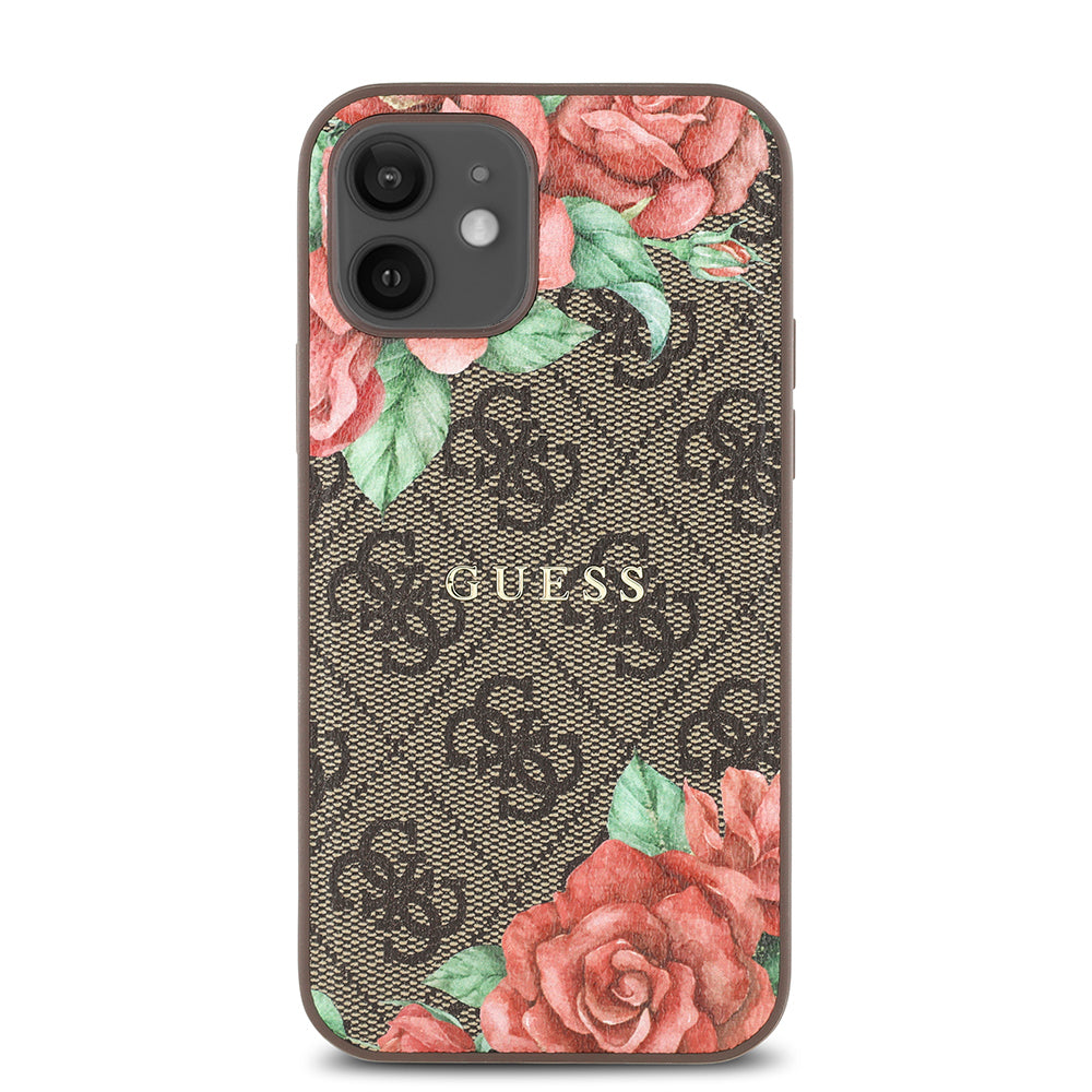 iPhone 12 Kılıf Guess Orjinal Lisanslı M-safe Şarj Özellikli Gül Baskılı 4G Desenli Yazı Logolu Kılıf
