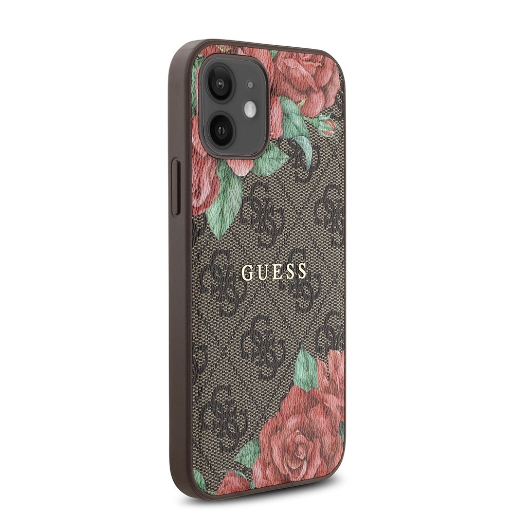 iPhone 12 Kılıf Guess Orjinal Lisanslı M-safe Şarj Özellikli Gül Baskılı 4G Desenli Yazı Logolu Kılıf
