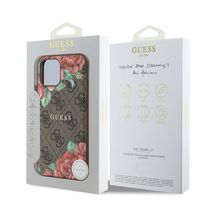 iPhone 12 Kılıf Guess Orjinal Lisanslı M-safe Şarj Özellikli Gül Baskılı 4G Desenli Yazı Logolu Kılıf