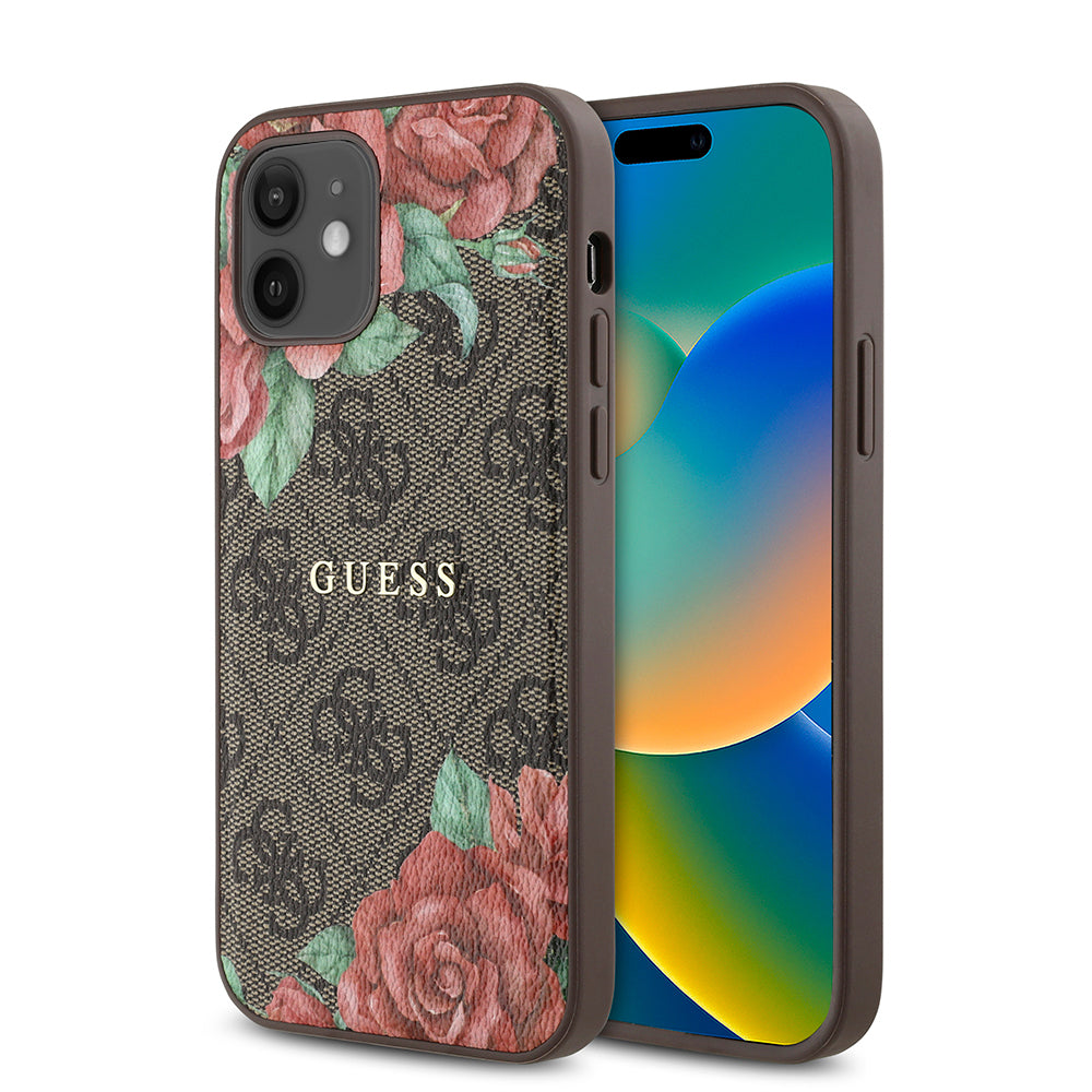 iPhone 12 Kılıf Guess Orjinal Lisanslı M-safe Şarj Özellikli Gül Baskılı 4G Desenli Yazı Logolu Kılıf