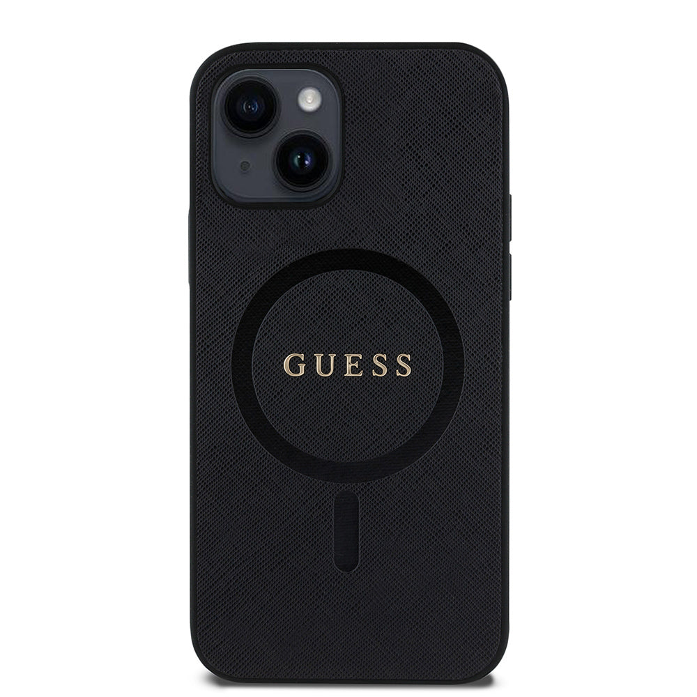Apple iPhone 12 Kılıf Guess Orjinal Lisanslı Magsafe Şarj Özellikli Yazı Logolu Saffiano Classic Kapak Siyah