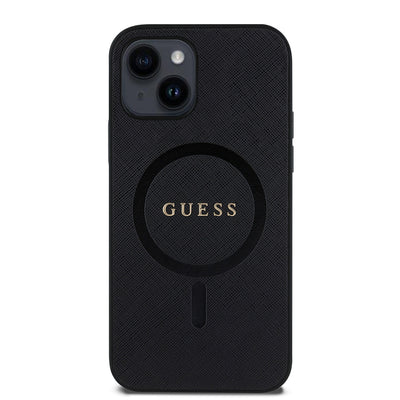 Apple iPhone 12 Kılıf Guess Orjinal Lisanslı Magsafe Şarj Özellikli Yazı Logolu Saffiano Classic Kapak Siyah