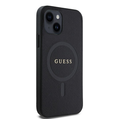 Apple iPhone 12 Kılıf Guess Orjinal Lisanslı Magsafe Şarj Özellikli Yazı Logolu Saffiano Classic Kapak Siyah