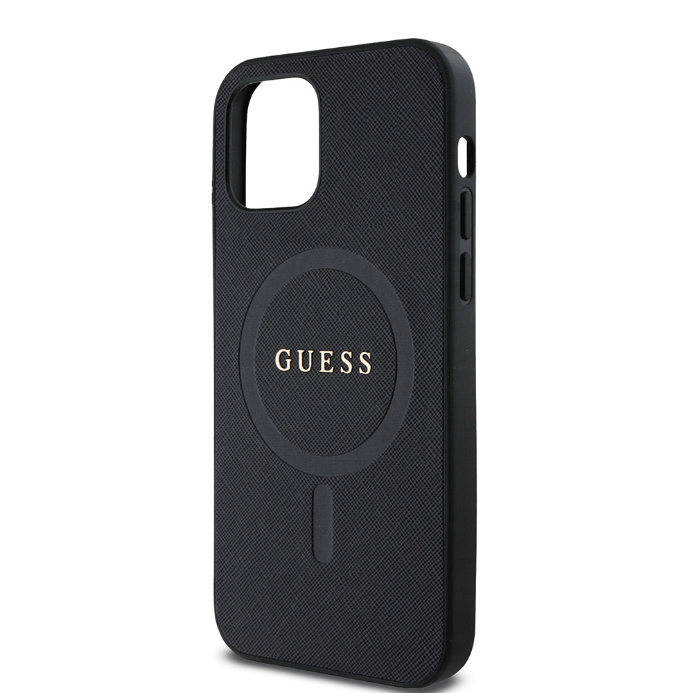 Apple iPhone 12 Kılıf Guess Orjinal Lisanslı Magsafe Şarj Özellikli Yazı Logolu Saffiano Classic Kapak Siyah