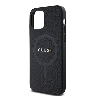 Apple iPhone 12 Kılıf Guess Orjinal Lisanslı Magsafe Şarj Özellikli Yazı Logolu Saffiano Classic Kapak Siyah