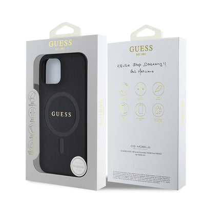 Apple iPhone 12 Kılıf Guess Orjinal Lisanslı Magsafe Şarj Özellikli Yazı Logolu Saffiano Classic Kapak Siyah