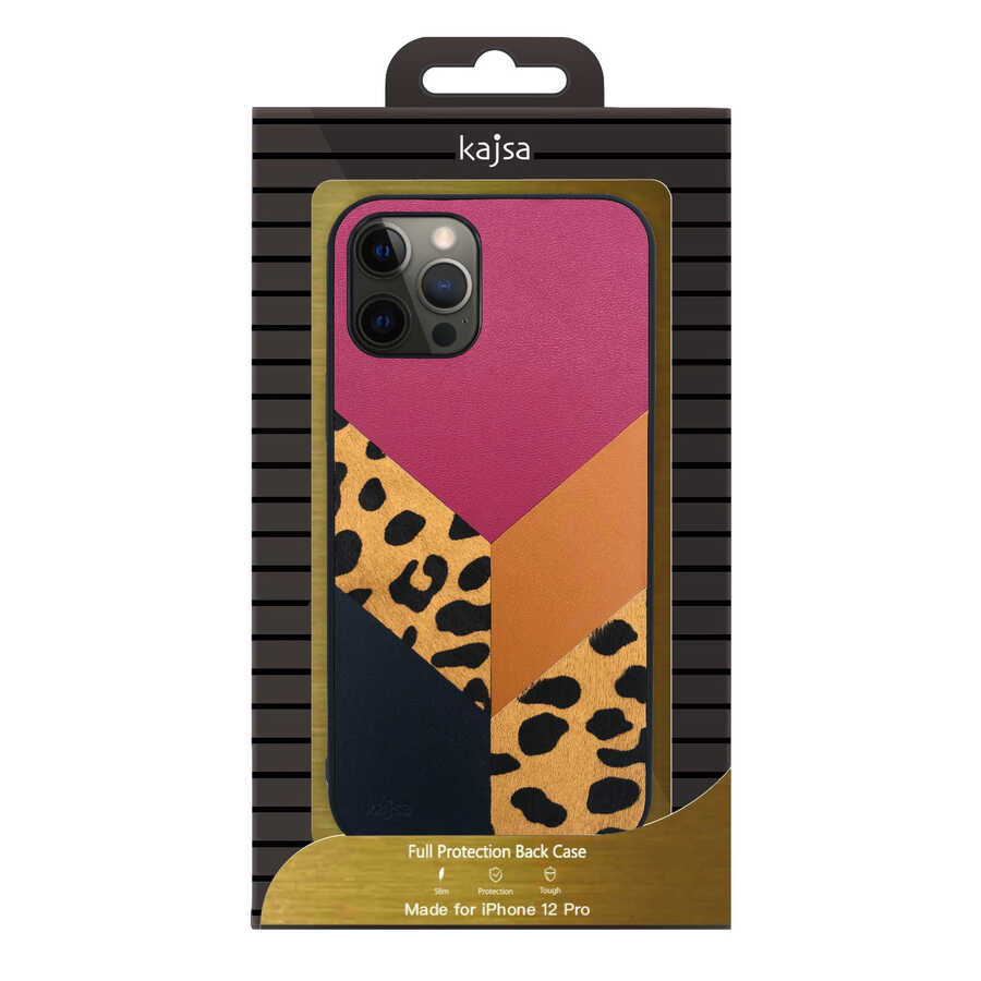 Apple iPhone 12 Kılıf Kajsa Glamorous Serisi Leopard Combo Kapak Pembe