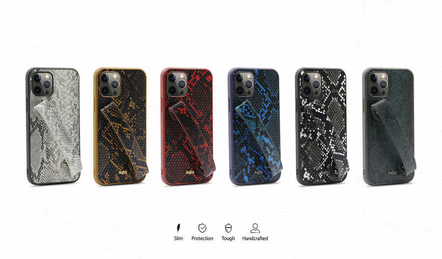 Apple iPhone 12 Kılıf Kajsa Glamorous Serisi Snake Handstrap Kapak Siyah