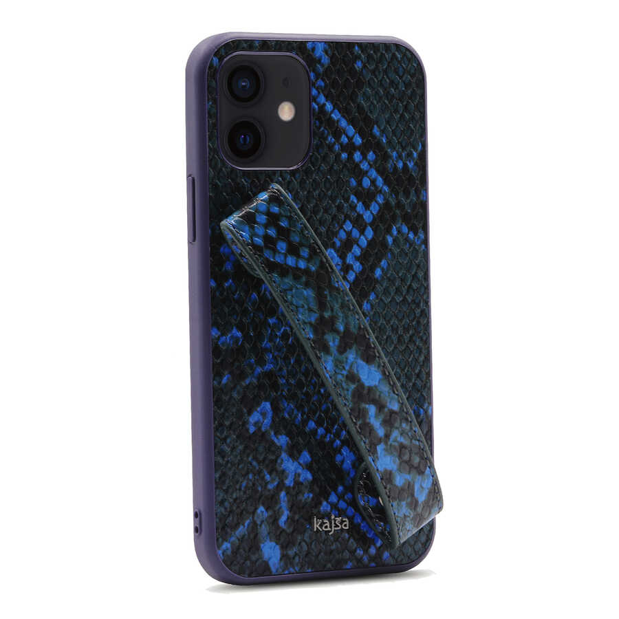 Apple iPhone 12 Kılıf Kajsa Glamorous Serisi Snake Handstrap Kapak Mavi