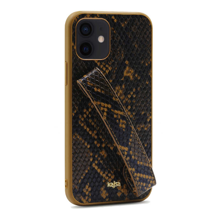 Apple iPhone 12 Kılıf Kajsa Glamorous Serisi Snake Handstrap Kapak Sarı