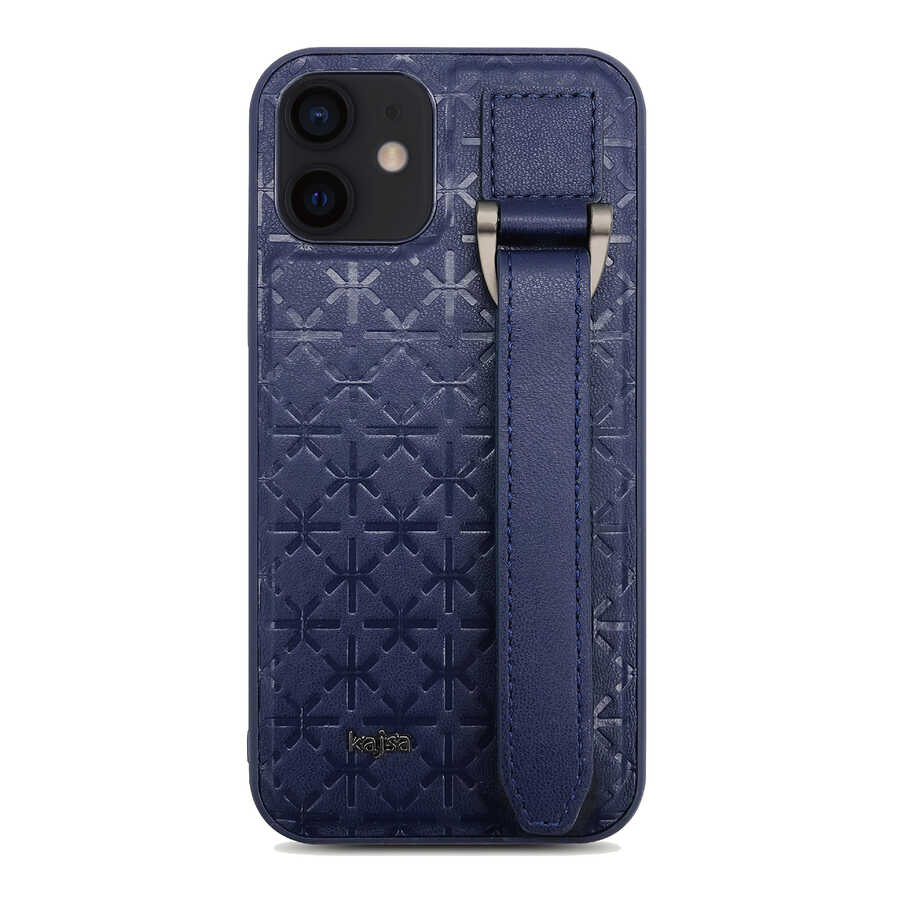 Apple iPhone 12 Kılıf Kajsa Neo Clasic Serisi Mono K Strap Kapak Mavi