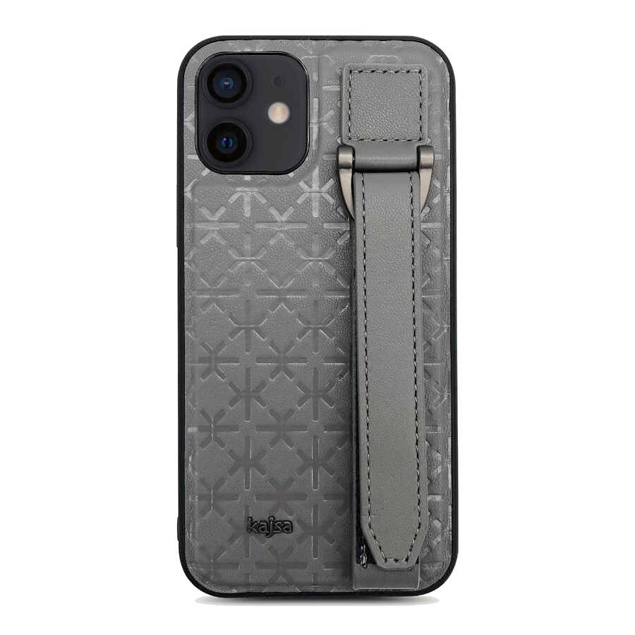 Apple iPhone 12 Kılıf Kajsa Neo Clasic Serisi Mono K Strap Kapak Gri