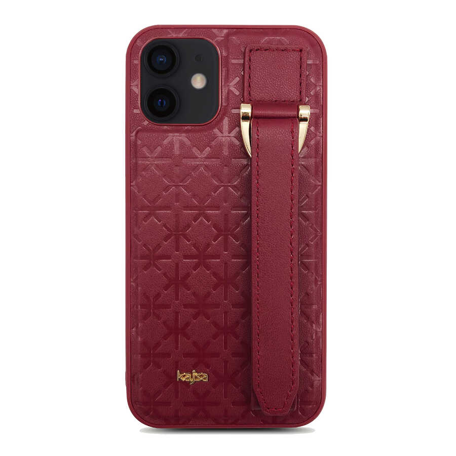 Apple iPhone 12 Kılıf Kajsa Neo Clasic Serisi Mono K Strap Kapak Kırmızı