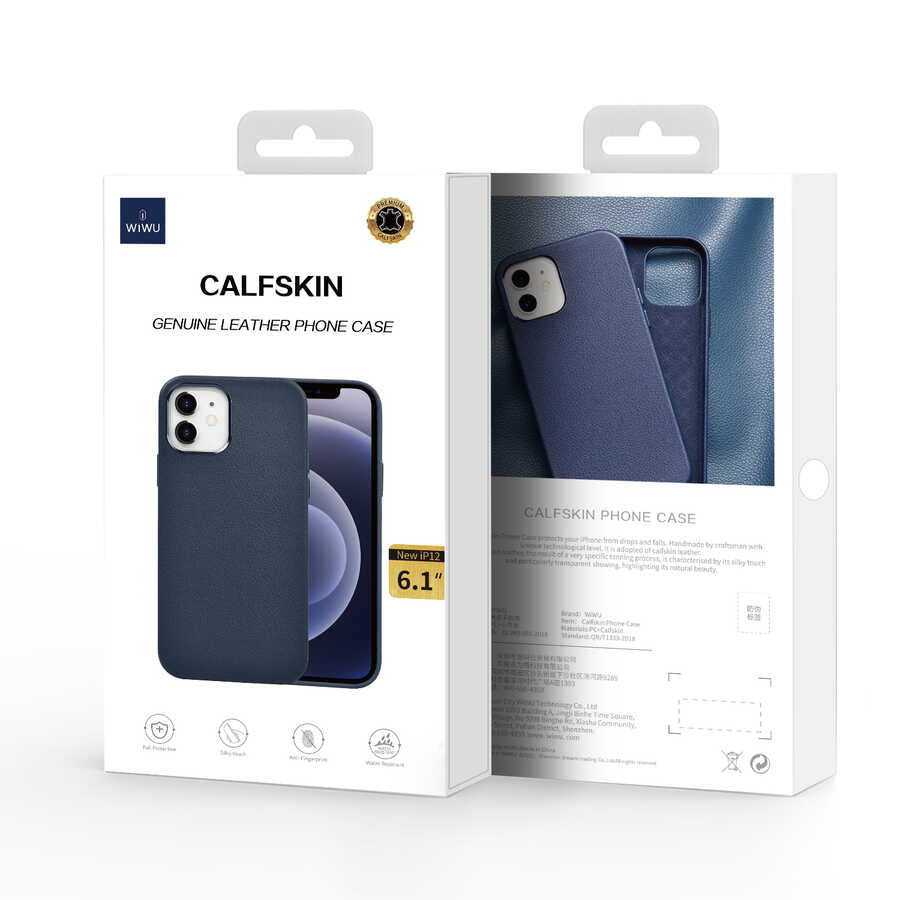 Apple iPhone 12 Kılıf Wiwu Calfskin Kapak Lacivert