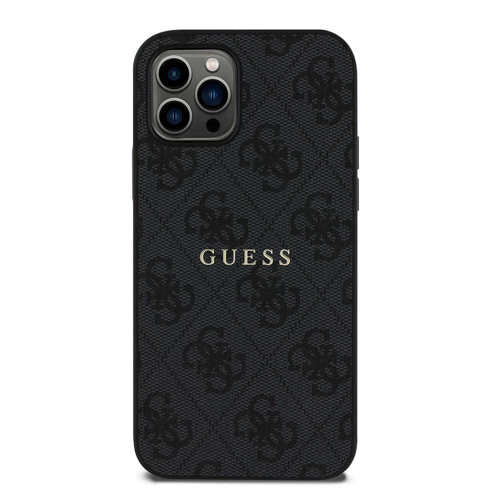 Apple iPhone 12 Pro Kılıf Guess Orjinal Lisanslı Magsafe Şarj Özellikli 4G Desen Yazı Logolu Kapak Siyah