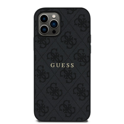 Apple iPhone 12 Pro Kılıf Guess Orjinal Lisanslı Magsafe Şarj Özellikli 4G Desen Yazı Logolu Kapak Siyah