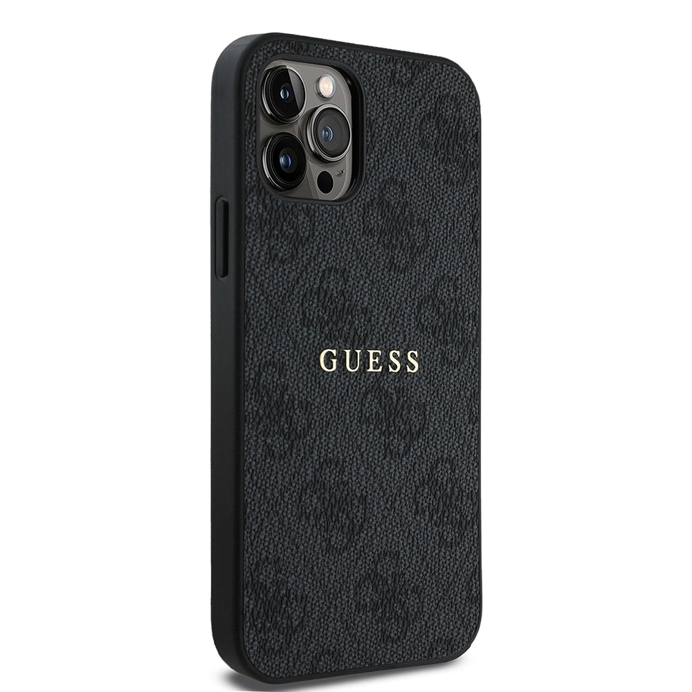 Apple iPhone 12 Pro Kılıf Guess Orjinal Lisanslı Magsafe Şarj Özellikli 4G Desen Yazı Logolu Kapak Siyah