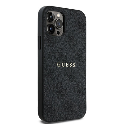 Apple iPhone 12 Pro Kılıf Guess Orjinal Lisanslı Magsafe Şarj Özellikli 4G Desen Yazı Logolu Kapak Siyah