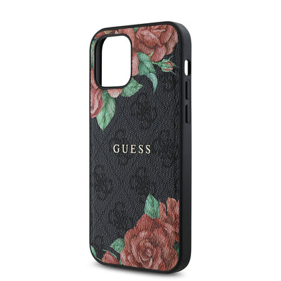 Apple iPhone 12 Pro Kılıf Guess Orjinal Lisanslı Magsafe Şarj Özellikli Gül Baskılı 4G Desenli Yazı Logolu Kapak Siyah