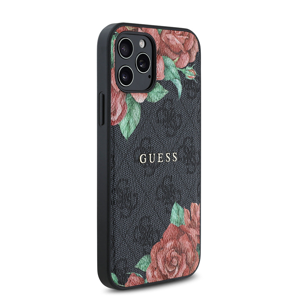 iPhone 12 Pro Kılıf Guess Orjinal Lisanslı M-safe Şarj Özellikli Gül Baskılı 4G Desenli Yazı Logolu Kılıf
