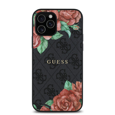 Apple iPhone 12 Pro Kılıf Guess Orjinal Lisanslı Magsafe Şarj Özellikli Gül Baskılı 4G Desenli Yazı Logolu Kapak Siyah
