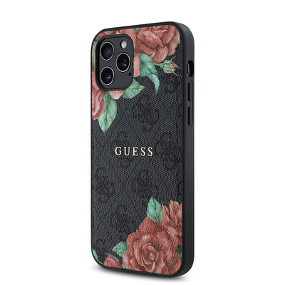 Apple iPhone 12 Pro Kılıf Guess Orjinal Lisanslı Magsafe Şarj Özellikli Gül Baskılı 4G Desenli Yazı Logolu Kapak Siyah