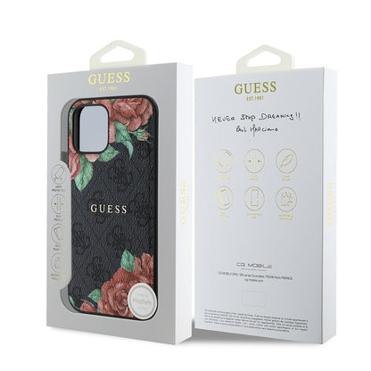 iPhone 12 Pro Kılıf Guess Orjinal Lisanslı M-safe Şarj Özellikli Gül Baskılı 4G Desenli Yazı Logolu Kılıf