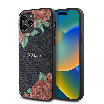 iPhone 12 Pro Kılıf Guess Orjinal Lisanslı M-safe Şarj Özellikli Gül Baskılı 4G Desenli Yazı Logolu Kılıf