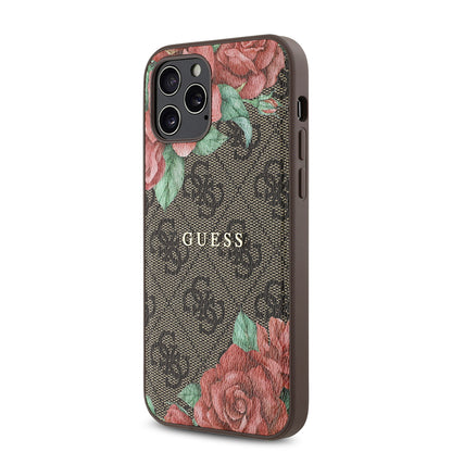 iPhone 12 Pro Kılıf Guess Orjinal Lisanslı M-safe Şarj Özellikli Gül Baskılı 4G Desenli Yazı Logolu Kılıf