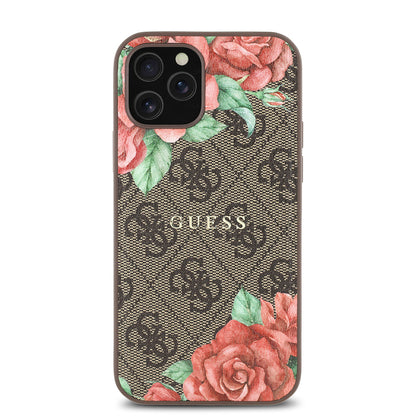 iPhone 12 Pro Kılıf Guess Orjinal Lisanslı M-safe Şarj Özellikli Gül Baskılı 4G Desenli Yazı Logolu Kılıf