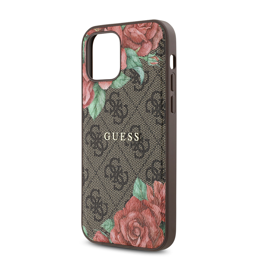 iPhone 12 Pro Kılıf Guess Orjinal Lisanslı M-safe Şarj Özellikli Gül Baskılı 4G Desenli Yazı Logolu Kılıf