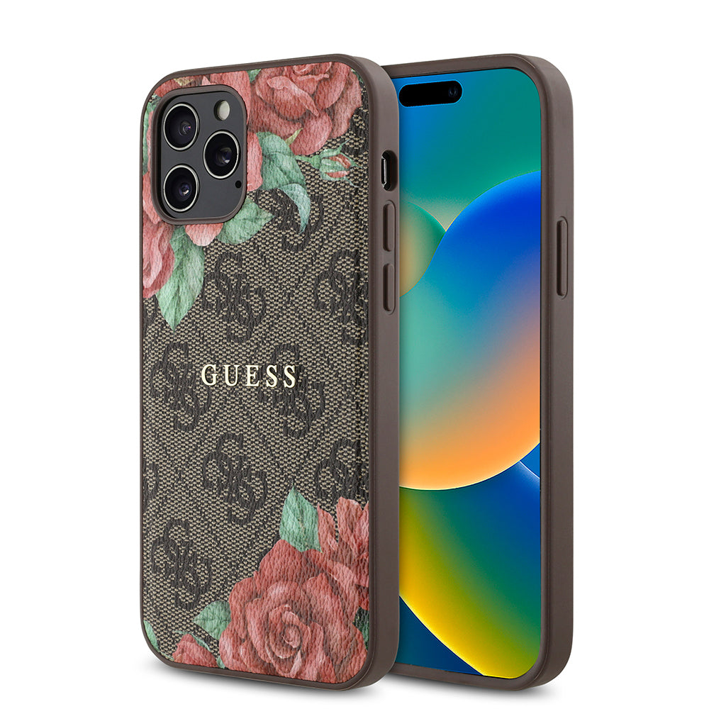 iPhone 12 Pro Kılıf Guess Orjinal Lisanslı M-safe Şarj Özellikli Gül Baskılı 4G Desenli Yazı Logolu Kılıf
