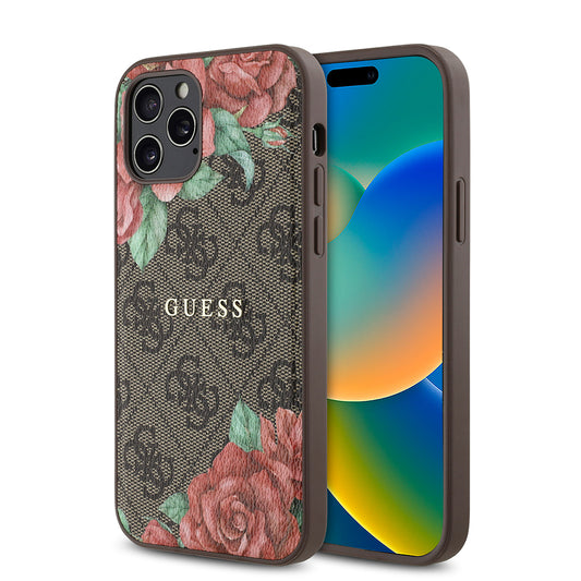 iPhone 12 Pro Kılıf Guess Orjinal Lisanslı M-safe Şarj Özellikli Gül Baskılı 4G Desenli Yazı Logolu Kılıf