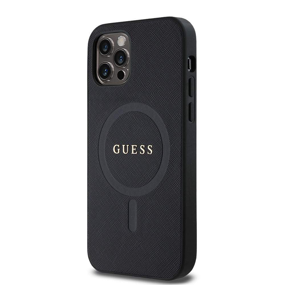 iPhone 12 Pro Kılıf Guess Orjinal Lisanslı M-safe Şarj Özellikli Yazı Logolu Saffiano Classic Kılıf