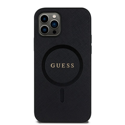 iPhone 12 Pro Kılıf Guess Orjinal Lisanslı M-safe Şarj Özellikli Yazı Logolu Saffiano Classic Kılıf
