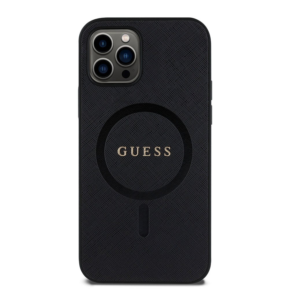 Apple iPhone 12 Pro Kılıf Guess Orjinal Lisanslı Magsafe Şarj Özellikli Yazı Logolu Saffiano Classic Kapak Siyah