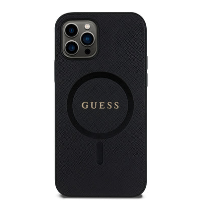 Apple iPhone 12 Pro Kılıf Guess Orjinal Lisanslı Magsafe Şarj Özellikli Yazı Logolu Saffiano Classic Kapak Siyah