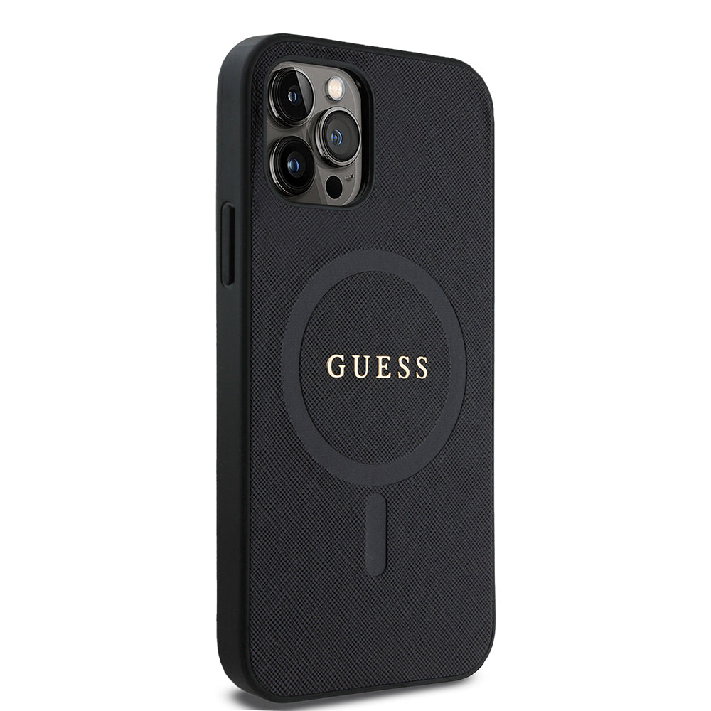 Apple iPhone 12 Pro Kılıf Guess Orjinal Lisanslı Magsafe Şarj Özellikli Yazı Logolu Saffiano Classic Kapak Siyah