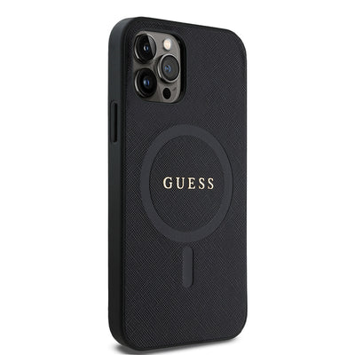 Apple iPhone 12 Pro Kılıf Guess Orjinal Lisanslı Magsafe Şarj Özellikli Yazı Logolu Saffiano Classic Kapak Siyah