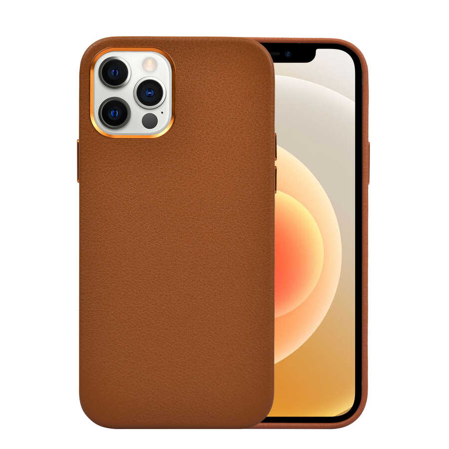 Apple iPhone 12 Pro Kılıf Wiwu Calfskin Kapak Kahverengi