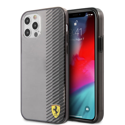 Apple iPhone 12 Pro Max Kılıf Ferrari Orjinal Lisanlı Klasik Metal Logolu Transparan Çizgi Desenli Gradient Kapak Siyah