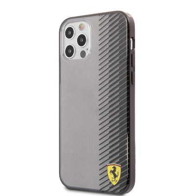 Apple iPhone 12 Pro Max Kılıf Ferrari Orjinal Lisanlı Klasik Metal Logolu Transparan Çizgi Desenli Gradient Kapak Siyah