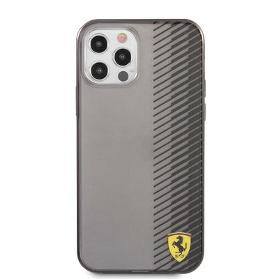 Apple iPhone 12 Pro Max Kılıf Ferrari Orjinal Lisanlı Klasik Metal Logolu Transparan Çizgi Desenli Gradient Kapak Siyah